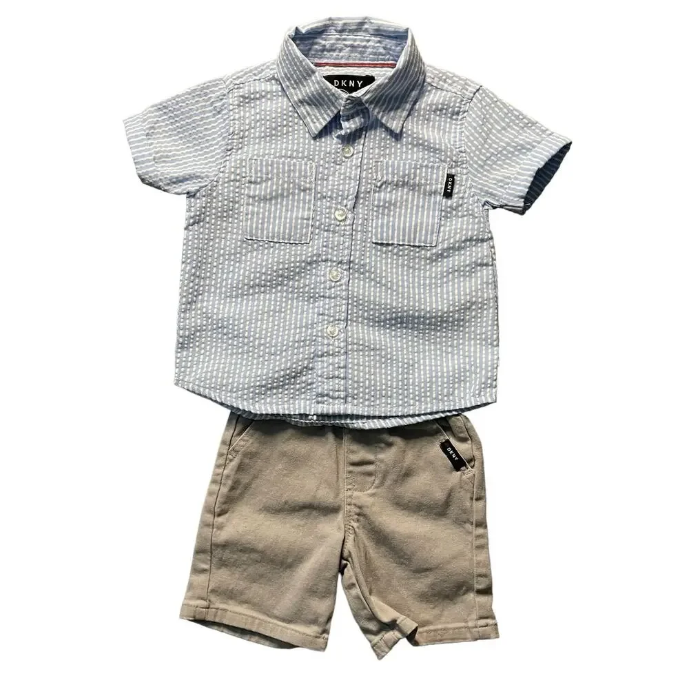 DKNY Boys 2-Piece Blue Plaid Woven Shirt & Shorts Set Bundle Size 12M